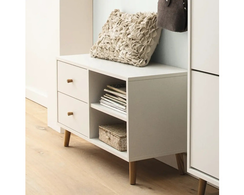 Banc de vestiaire avec tiroirs, compartiments de rangement et coussin