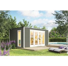Abri de jardin moderne en bois avec fenêtre et double porte, sur une pelouse.