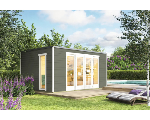 Abri de jardin Outdoor Life Palermo 2 avec plancher 450 x 302,5 cm vert gris Abri de jardin moderne en bois avec fenêtre et double porte, sur une pelouse.