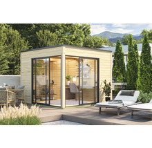 Abri de jardin moderne avec portes coulissantes en verre et murs en bois, aménagé en bureau avec bureau et étagères, entouré de mobilier de jardin et de plantes