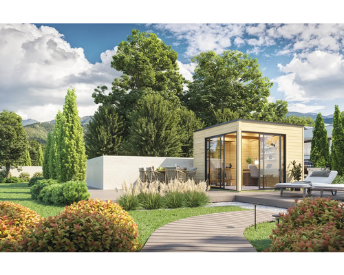 Jardin avec abri de jardin, terrasse, coin salon et chaises longues pour l''extérieur