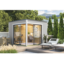 Abri de jardin moderne avec portes coulissantes et mobilier de bureau