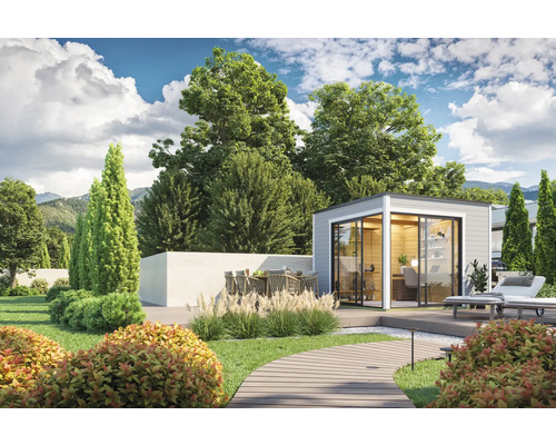 Bureau de jardin moderne avec terrasse, mobilier de jardin et végétation luxuriante