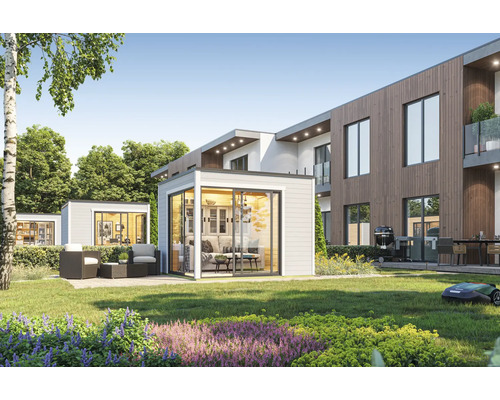 Aménagement paysager avec abris de jardin, pelouse et mobilier de jardin