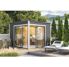 Abri de jardin moderne avec portes coulissantes et terrasse dans le jardin