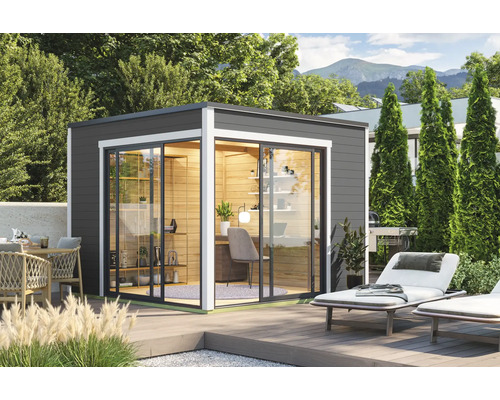 Abri de jardin Outdoor Life Palermo 3 avec plancher 300 x 302,5 cm gris carbone Abri de jardin moderne avec portes coulissantes et terrasse dans le jardin