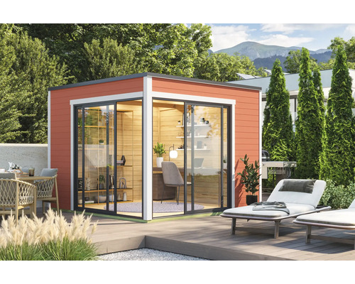 Abri de jardin Outdoor Life Palermo 3 avec plancher 300 x 302,5 cm rouge de falun Abri de jardin moderne avec portes coulissantes et terrasse dans un jardin verdoyant.