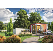 Jardin avec pavillon de jardin rouge, terrasse et coin salon