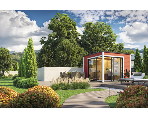 Jardin avec pavillon de jardin rouge, terrasse et coin salon