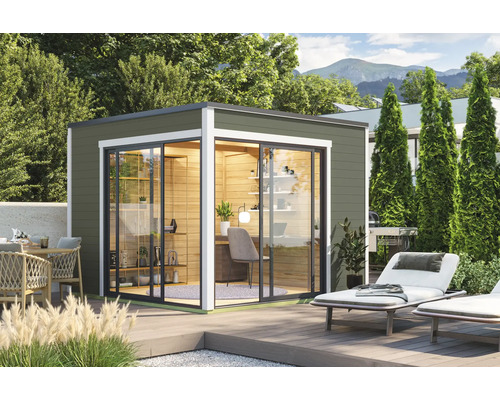 Abri de jardin Outdoor Life Palermo 3 avec plancher 300 x 302,5 cm vert gris Abri de jardin moderne avec portes coulissantes et mobilier de bureau sur une terrasse en bois