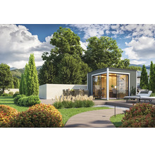 Jardin avec abri de jardin, terrasse, mobilier de jardin et plantes pour une impression claire et organisée