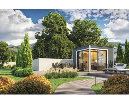 Jardin avec abri de jardin, terrasse, mobilier de jardin et plantes pour une impression claire et organisée