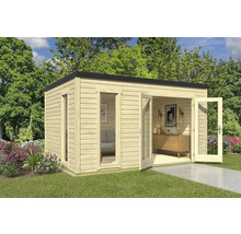 Abri de jardin moderne en bois avec fenêtre et double porte ouverte