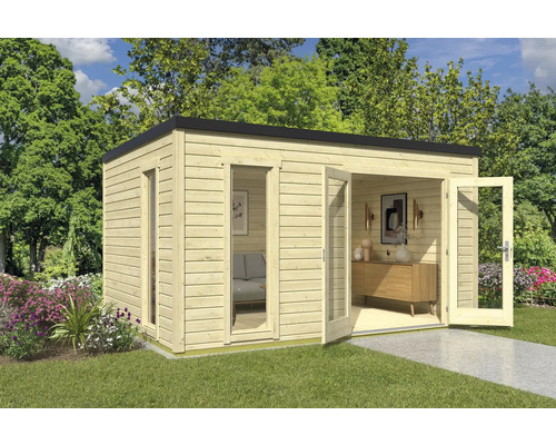 Abri de jardin Outdoor Life Palermo 4 avec plancher 400 x 302,5 cm naturel Abri de jardin moderne en bois avec fenêtre et double porte ouverte