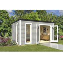 Abri de jardin avec porte double et fenêtres dans le jardin