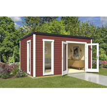 Maison de jardin moderne avec fenêtre et double porte dans un jardin soigné