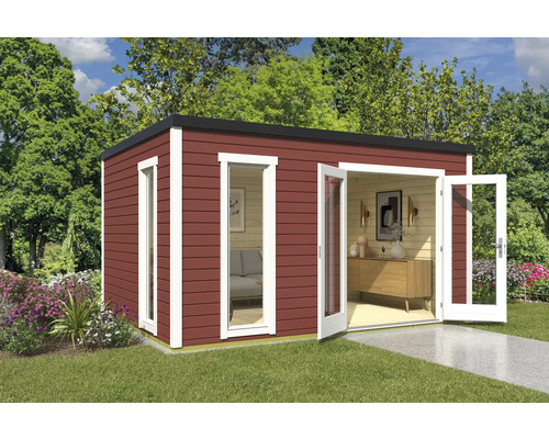 Abri de jardin Outdoor Life Palermo 4 avec plancher 400 x 302,5 cm rouge de falun Maison de jardin moderne avec fenêtre et double porte dans un jardin soigné