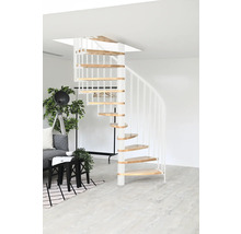 Szene mit einer Wendeltreppe mit Holzstufen und weißem Geländer in einem hellen Raum.