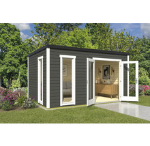 Abri de jardin moderne avec double porte et fenêtres dans le jardin