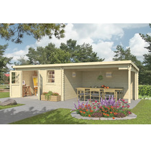 Abri de jardin avec terrasse couverte, mobilier de jardin et jardin fleuri