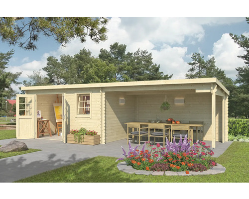 Abri de jardin Outdoor Life Reno avec avancée de toit avec paroi arrière 780 x 313,9 cm nature Abri de jardin avec terrasse couverte, mobilier de jardin et jardin fleuri