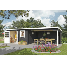 Abri de jardin avec terrasse, table en bois et mobilier de jardin