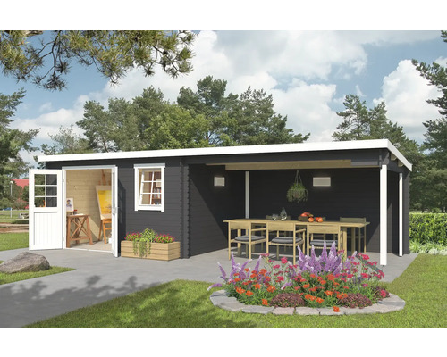 Abri de jardin Outdoor Life Reno avec avancée de toit avec paroi arrière 780 x 313,9 cm gris carbone Abri de jardin avec terrasse, table en bois et mobilier de jardin