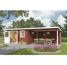 Maison de jardin en bois avec terrasse couverte et portes ouvertes