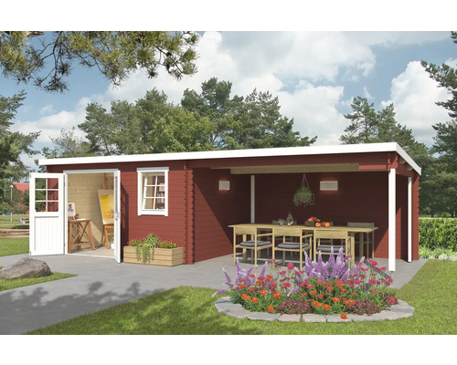 Abri de jardin Outdoor Life Reno avec avancée de toit avec paroi arrière 780 x 313,9 cm rouge de falun Maison de jardin en bois avec terrasse couverte et portes ouvertes