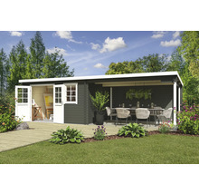 Abri de jardin avec terrasse et fenêtres et portes blanches