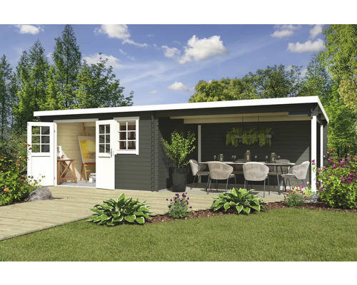 Abri de jardin Outdoor Life Reno avec avancée de toit avec paroi arrière 780 x 313,9 cm vert gris Abri de jardin avec terrasse et fenêtres et portes blanches