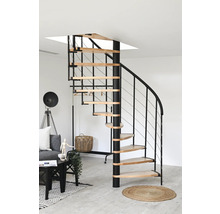 Spindeltreppe aus Holz und Stahl in einem Wohnraum.