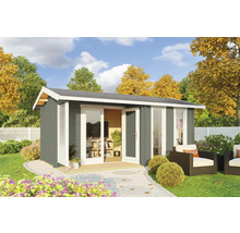 Abri de jardin avec portes doubles ouvertes, fenêtres et mobilier de jardin à l''extérieur.