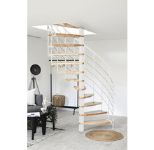 Escalier en colimaçon en bois et acier dans un espace de vie.