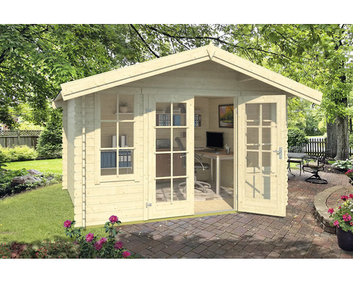 Abri de jardin Outdoor Life Robin avec plancher 381,3 x 358 cm nature Abri de jardin en bois avec porte vitrée et fenêtres pour le jardin