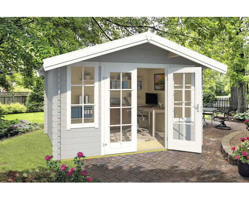 Abri de jardin Outdoor Life Robin avec plancher 381,3 x 358 cm gris clair Abri de jardin avec fenêtres et portes vitrées dans le jardin