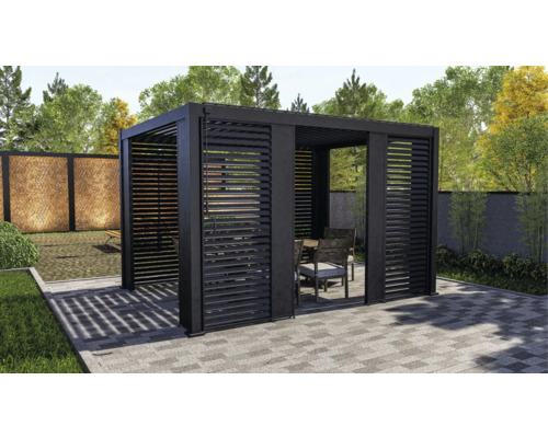 Pergola à lames noire avec table de jardin et chaises sur une terrasse.