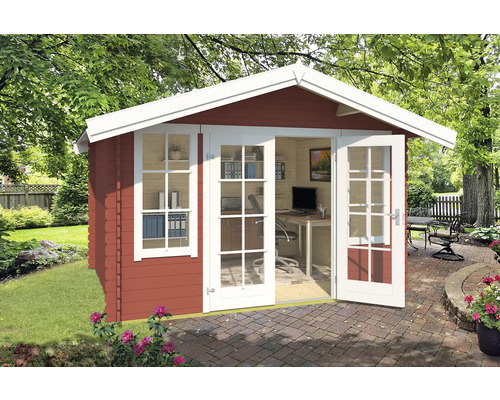 Abri de jardin Outdoor Life Robin avec plancher 381,3 x 358 cm rouge de falun Abri de jardin avec double porte et fenêtre dans le jardin
