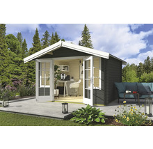 Abri de jardin en bois avec équipement de bureau et coin salon extérieur sur terrasse