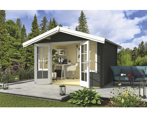 Abri de jardin Outdoor Life Robin avec plancher 381,3 x 358 cm gris vert Abri de jardin en bois avec équipement de bureau et coin salon extérieur sur terrasse