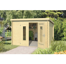 Abri de jardin en bois avec double porte et fenêtres pour ranger les outils de jardin.