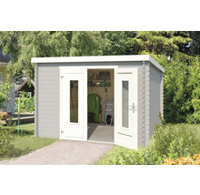 Abri de jardin avec double porte et outils de jardin