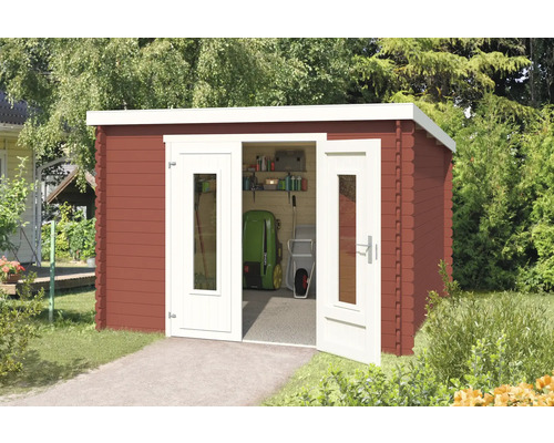 Abri de jardin Outdoor Life Sacramento 312 x 319 cm rouge de falun Abri de jardin avec double porte et outils de jardin