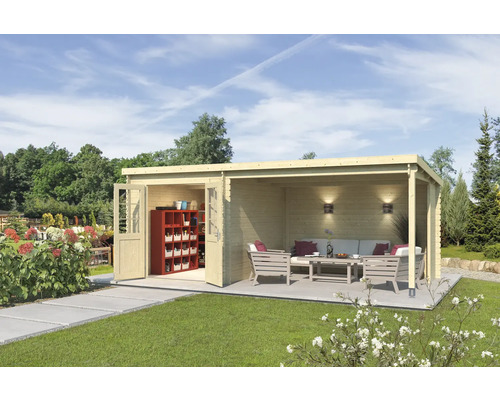 Abri de jardin Outdoor Life Saint Paul avec structure de toit et paroi arrière 590 x 303,9 cm nature Maison de jardin en bois avec espace de vie ouvert et espace de stockage dans le jardin