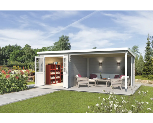 Abri de jardin Outdoor Life Saint Paul avec structure de toit et paroi arrière 590 x 303,9 cm gris clair Abri de jardin en bois avec terrasse, meubles de jardin et étagère pour outils de jardin