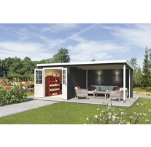 Abri de jardin moderne avec terrasse et portes doubles ouvertes.