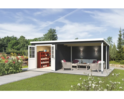 Abri de jardin Outdoor Life Saint Paul avec structure de toit et paroi arrière 590 x 303,9 cm gris carbone Abri de jardin moderne avec terrasse et portes doubles ouvertes.