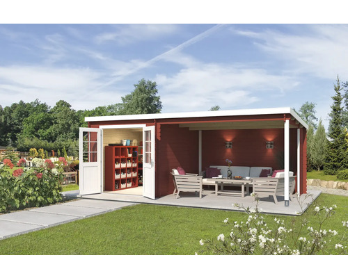 Abri de jardin Outdoor Life Saint Paul avec structure de toit et paroi arrière 590 x 303,9 cm rouge de falun Abri de jardin moderne avec terrasse et portes ouvertes dans un jardin