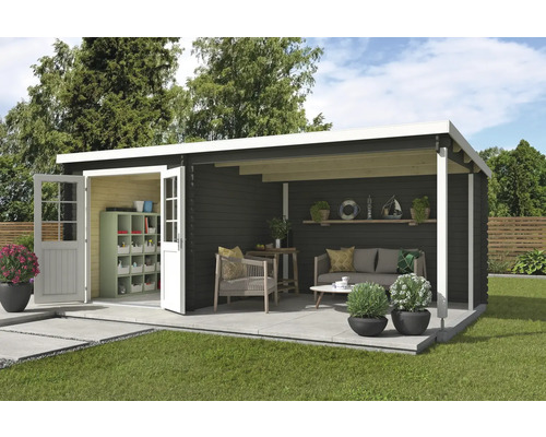 Abri de jardin Outdoor Life Saint Paul avec structure de toit et paroi arrière 590 x 303,9 cm gris vert Abri de jardin avec portes doubles ouvertes, étagères de rangement et terrasse couverte avec mobilier de jardin