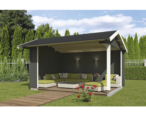 Holzgartenhaus mit Lounge-Bereich im Garten.